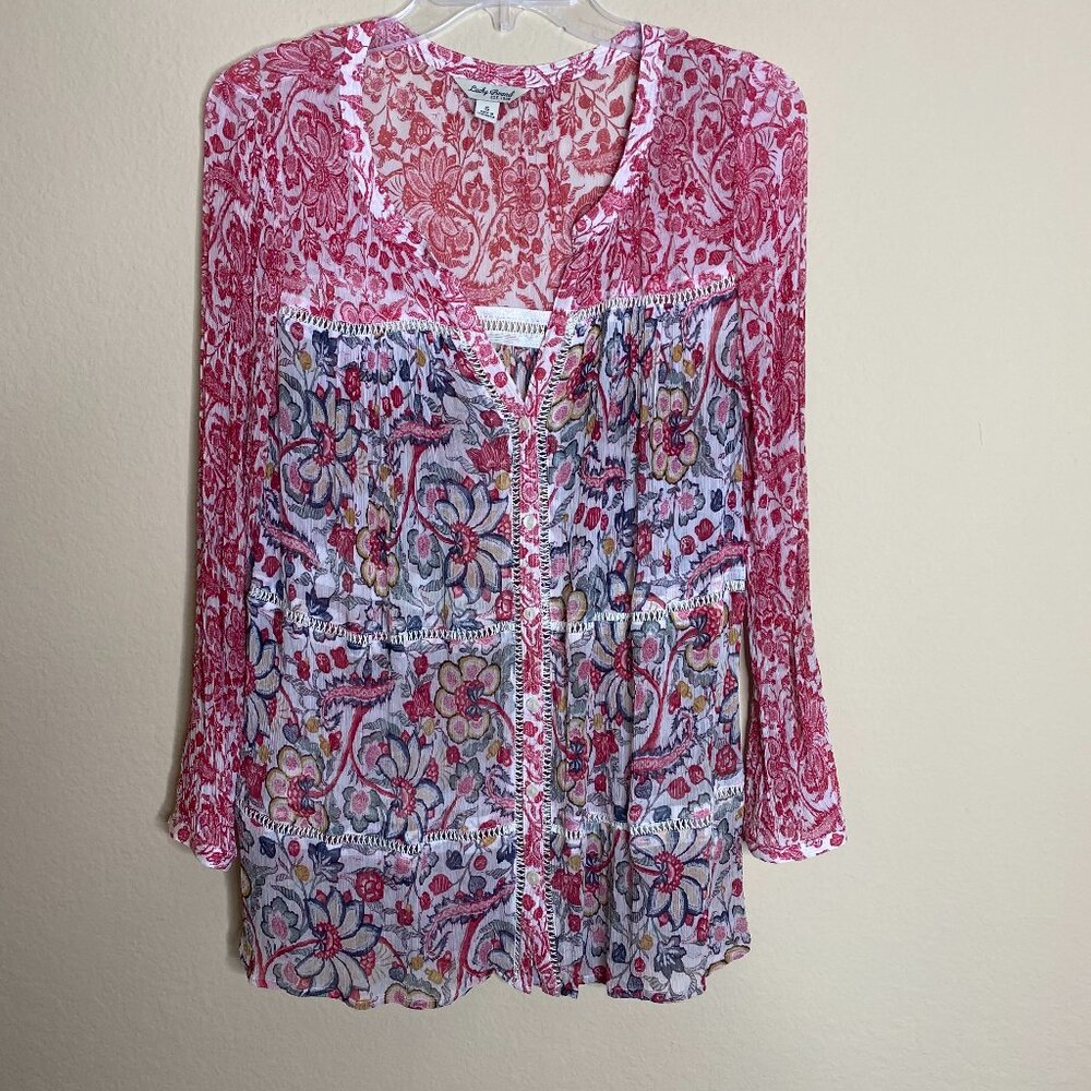 lucky brand ffloral sheer button down blouse